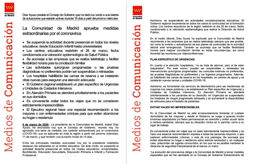 Imagen Post CORONAVIRUS. CIERRE DE LOS COLEGIOS DE MADRID